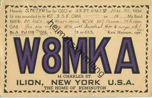 QSL - Radio - W8MKA - USA - Ilion NY - 1936