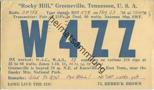QSL - Radio - W4ZZ - USA - Greenville TN - 1936