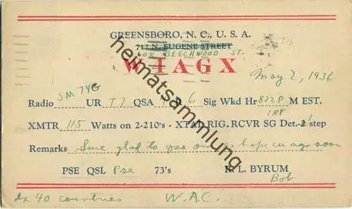 QSL - Radio - W4AGX - USA - Greensboro NC - 1935