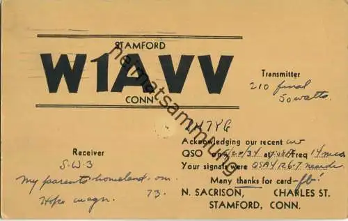 QSL - Radio - W1AVV - USA - Stamford CT - 1935