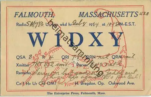 QSL - Radio - W1DXY - USA - Falmouth MA - 1934