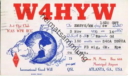 QSL - Radio - W4HYW - USA - Atlanta GA - 1950