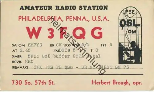 QSL - Radio - W3FQG - USA - Philadelphia PA - 1936
