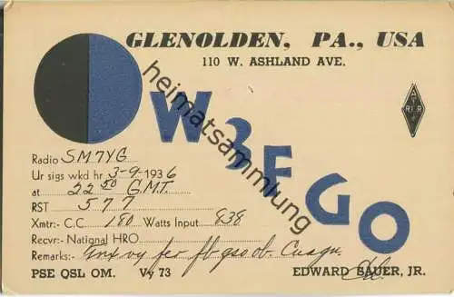 QSL - Radio - W3FGO - USA - Glenolden PA - 1936