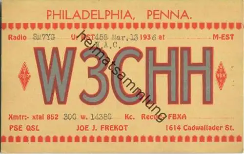 QSL - Radio - W3CHH - USA - Philadelphia PA - 1936
