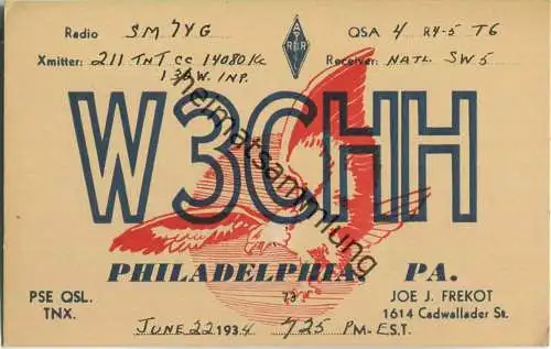 QSL - Radio - W3CHH - USA - Philadelphia PA - 1934