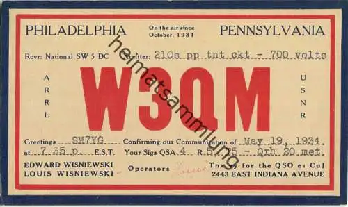 QSL - Radio - W3QM - USA - Philadelphia PA - 1936
