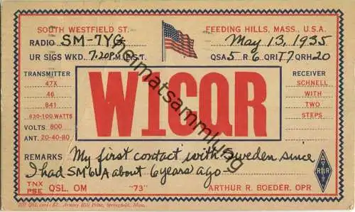 QSL - Radio - W1CQR - USA - Feeding Hills MA - 1935