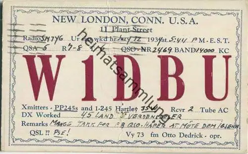 QSL - Radio - W1DBU - USA - New London CT - 1934