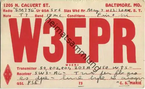 QSL - Radio - W3EPR - USA - Baltimore MD - 1936