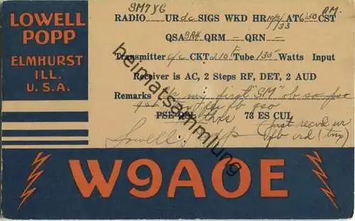 QSL - Radio - W9AOE - USA - Elmhurst IL - 1931