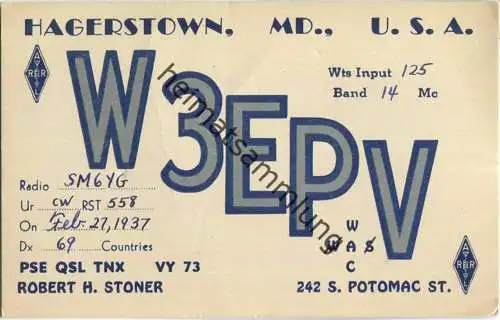 QSL - Radio - W3EPV - USA - Hagerstown MD - 1937