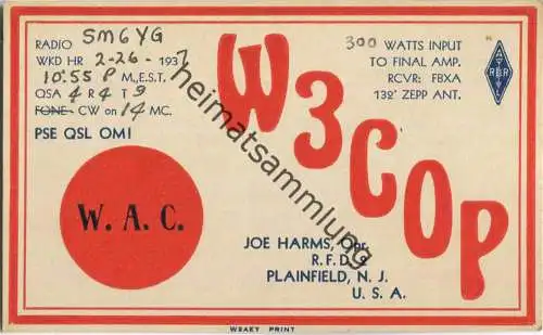 QSL - Radio - W3COP - USA - Plainfield NJ - 1937