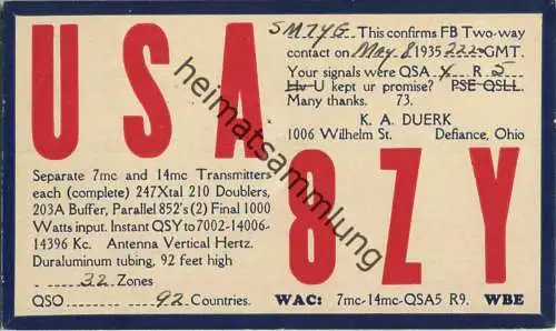 QSL - Radio - USA8TY - USA - Defiance OH - 1935