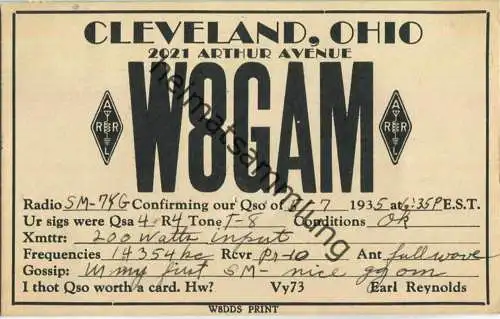 QSL - Radio - W8GAM - USA - Cleveland OG - 1935