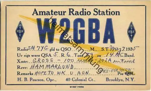 QSL - Radio - W2GBA - USA - Brooklyn NY - 1935