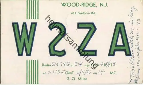 QSL - Radio - W2ZA - USA - Wood-Ridge NJ - 1936
