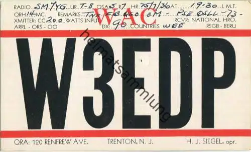 QSL - Radio - W3EDP - USA - Trenton NJ - 1936