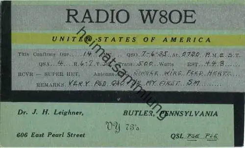 QSL - Radio - W8OE - USA - Butler PA - 1935