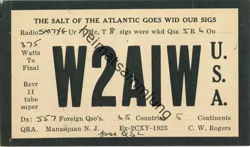 QSL - Radio - W2AIW - USA - Manasquan NJ - 30er Jahre