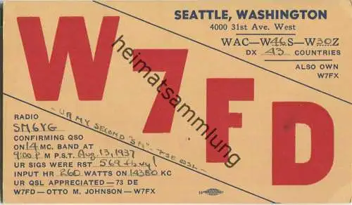 QSL - Radio - W7FD - USA - Seattle WA - 1937