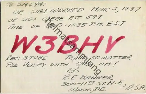 QSL - Radio - W3BHV - USA - Washington DC - 1937