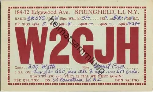 QSL - Radio - W2GJH - USA - Springfield L.I. NY - 1937