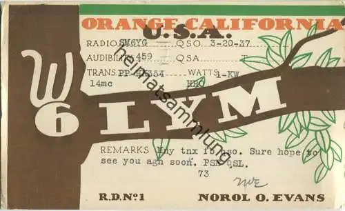 QSL - Radio - W6LYM - USA - Orange CA - 1937