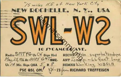 QSL - Radio - SWL-W2 - USA - New Rochelle NY - 1936