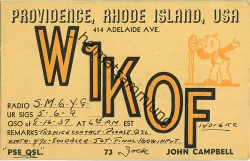 QSL - Radio - W1KOF - USA - Providence RI - 1937
