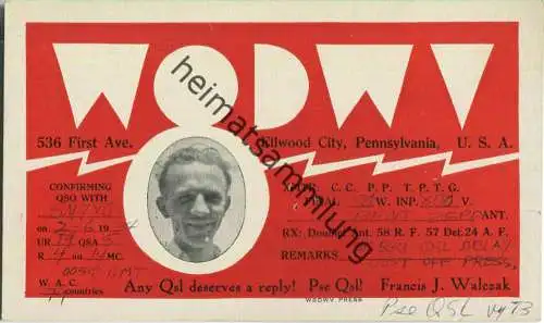 QSL - Radio - W0DWV - USA - Ellwood City PA - 1937