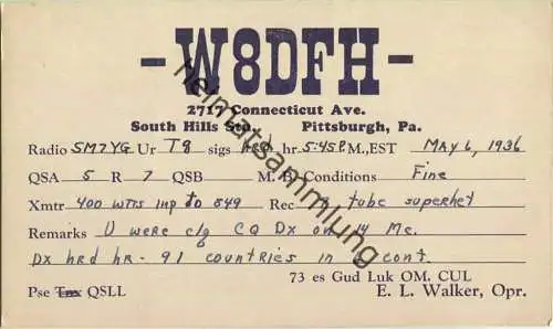 QSL - Radio - W8DFH - USA - Pittsburgh PA - 1936