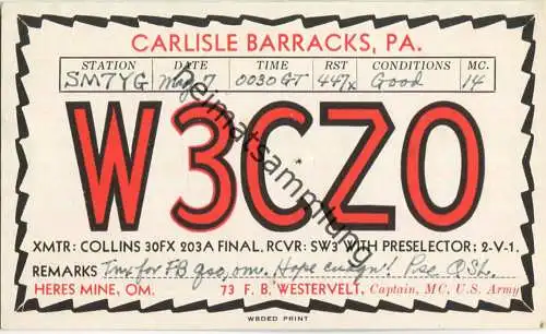 QSL - Radio - W3CZO - USA - Carlisle Barracks PA - 30er Jahre