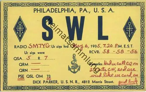 QSL - Radio - SWL - USA - Philadelphia PA - 1935