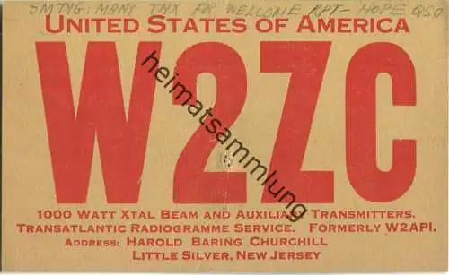 QSL - Radio - W2ZC - USA - Little Silver NJ - 30er Jahre