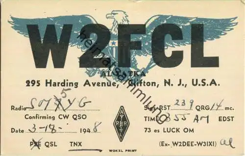 QSL - Radio - W2FCL - USA - Clifton NJ - 1948