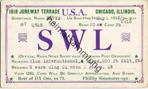 QSL - Radio - SWL - USA - Chicago IL - 1935