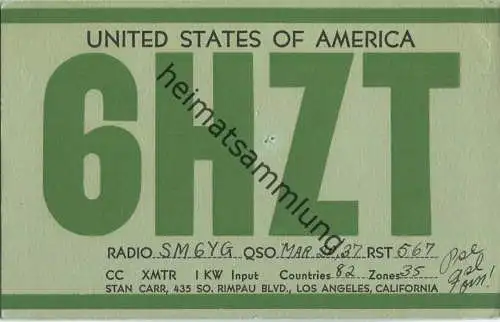 QSL - Radio - 6HZT - USA - Los Angeles CA - 1937