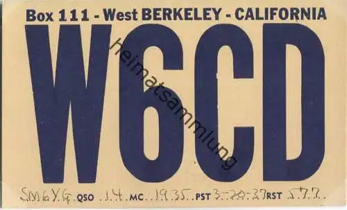 QSL - Radio - W6CD - USA - West Berkeley CA - 1937