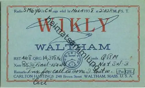 QSL - Radio - W1KLY - USA - Waltham MA - 1938