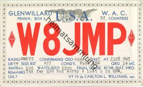 QSL - Radio - W8JMP - USA - Glenwillard PA - 1937