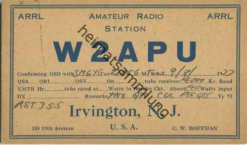 QSL - Radio - W2APU - USA - Irvington NJ - 1937