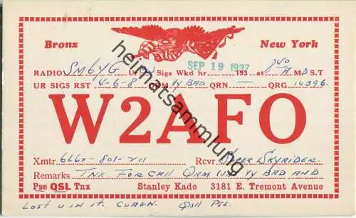 QSL - Radio - W2AFO - USA - Bronx NY - 1937