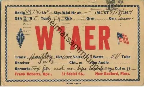QSL - Radio - W1AER - USA - New Bedford MA - 1934