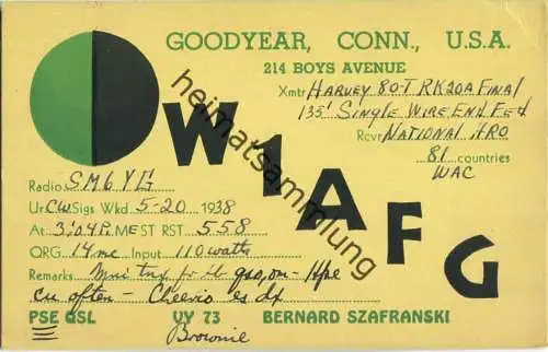 QSL - Radio - W1AFG - USA - Goodyear CT - 1938