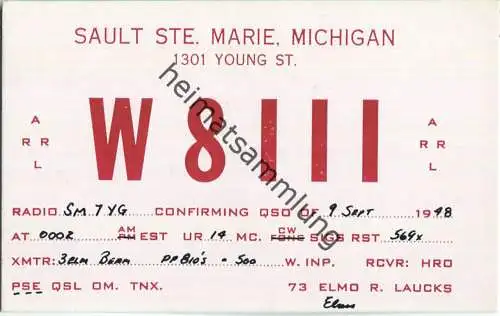 QSL - Radio - W8III - USA - Sault Ste. Marie MI. - 1948
