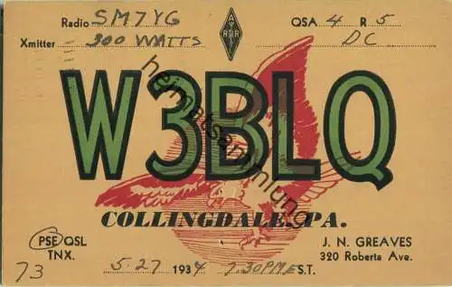 QSL - Radio - W3BLQ - USA - Collingdale PA. - 1934