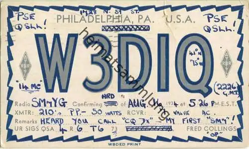QSL - Radio - W3DIQ - USA - Philadelphia PA. - 1934