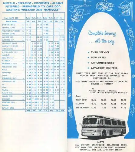 Time Table 1966 - Eastern Greyhound Lines - The Short Line INC. - Thru Express Service New York-Cape Cod - Fahrplan