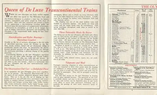 The Olympian 1930 - Queen of De Luxe Transcontinental Trains - Fahrplan between Cjicago and Seattle-Tacoma